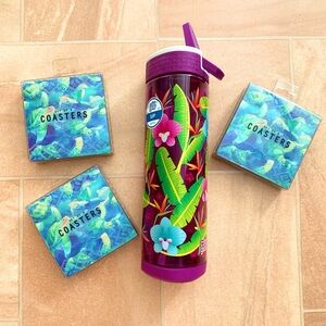 NWT Cool Gear Purple Tropical Plastic Water Bottle & Island Honu Turtle Coasters